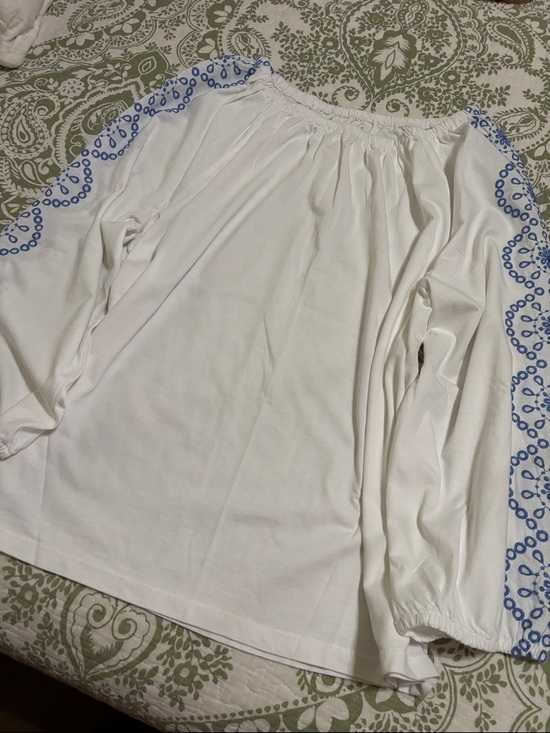 Talbots Tops - Talbots White Long-Sleeve Peasant Top with Blue Embroidery